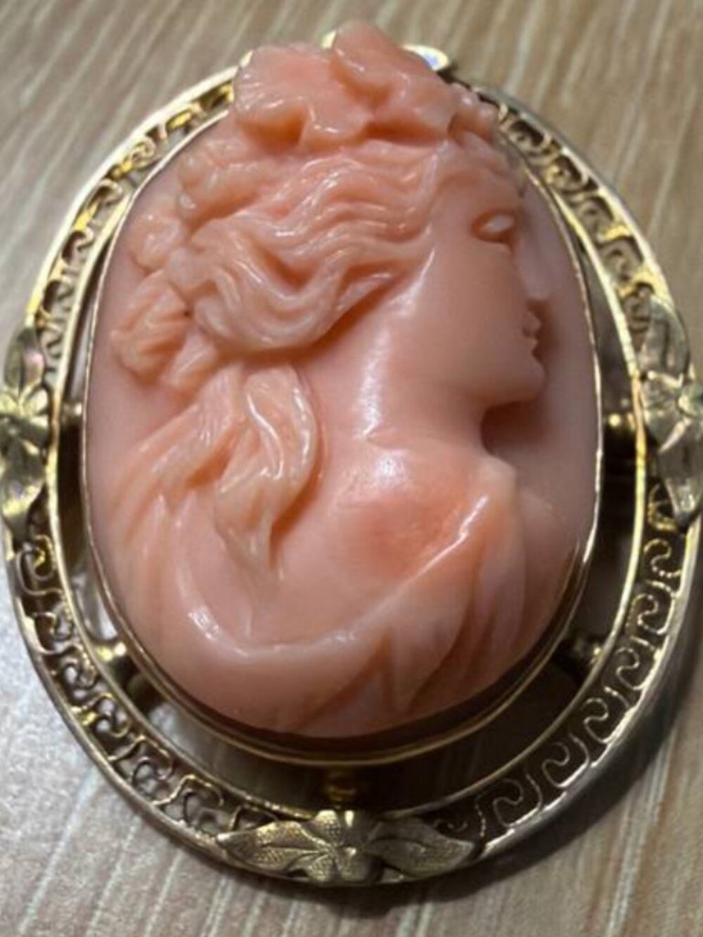 Rare Pink Coral Cameo Brooch